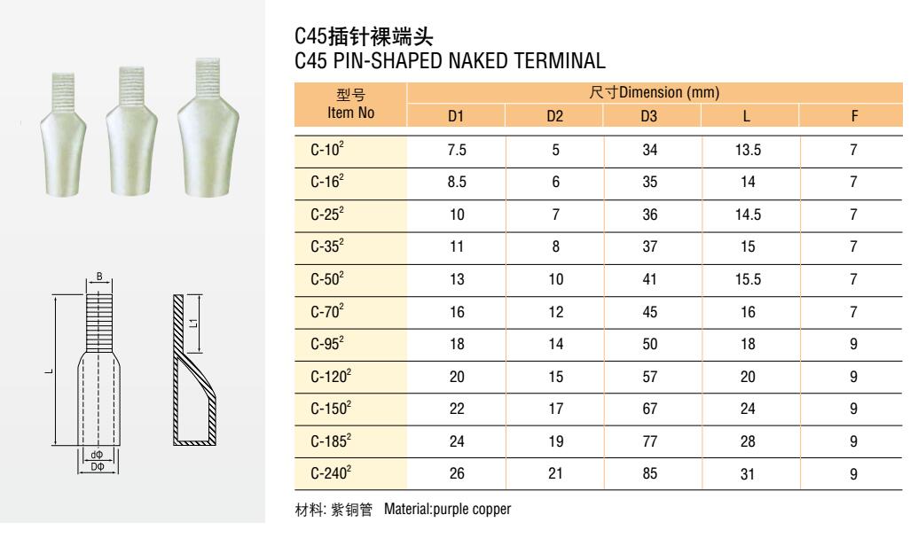 C Pin Shaped Naked Terminal Copper Terminals Made In China